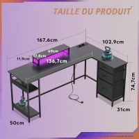 Bureau d'angle en L, LED pilotable via application et station d'alimentation intégrée, 167,5x50x87,5 cm, Noir(m-3)