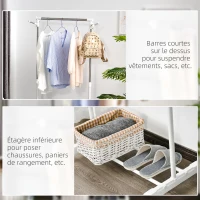 HOMCOM Portant à vêtements, penderie vêtement en acier avec support à chaussures et crochets latéraux, argent et blanc(m-5)