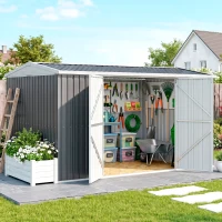 Outsunny 14 x 8ft Outdoor Garden Metal Storage Shed with Lockable Door, Tool Storage Box for Garden, Patio and Lawn, Grey(m-8)