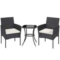 Outsunny 3 Piece Rattan Bistro Set, PE Wicker Garden Furniture Conversation Set with 2 Tier Glass-Top Table, Chairs, Cream White(m-1)