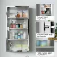HOMCOM 4 Tier Stainless Steel Wall Mounted Medicine Cabinet Glass Lockable Door Storage Shelves Houseware Bathroom Furniture 60Hx30Wx12D(cm) w/2 Keys(m-6)
