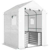Outsunny Tomatenkas Foliekas met Verhoogde Plantenbak Oproldeur Ramen Schuin Dak 141 x 141 x 190 cm Wit(m-1)