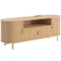 HOMCOM Comodă TV 140 cm cu 2 prize și 2 porturi, Comodă pentru 213,4 cm, 2 uși batante, 2 uși glisante, stejar(m-1)