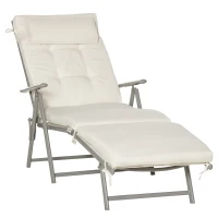 Outsunny Sun Lounger Steel Frame Outdoor Folding Chaise Texteline Lounge Chair Recliner with Headrest & 7 Levels Adjustable Backrest, Cream White(m-1)