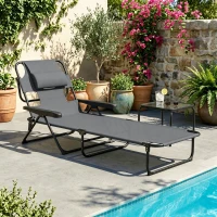Outsunny Chaise longue de jardin pliante dossier réglable sur 4 niveaux, trou de lecture et appui-tête 72L x 194l x 89H cm Gris(m-15)