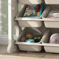 AIYAPLAY Scaffale Portagiochi a 4 Livelli con 9 Contenitori e Gancio Laterale, in HDPE, 77x42x94 cm, Bianco Crema(m-8)