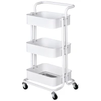 HOMCOM Carrito Auxiliar de 3 Niveles con Ruedas y 3 Baldas Malla Metálica para Cocina Oficina Baño Carro Multiuso de Almacenamiento con Pasamanos Carga de 45kg Blanco 43x36x83cm(m-10)
