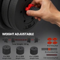 HOMCOM 20kg 2 IN 1 Adjustable Dumbbells Weight Set, Dumbbell Hand Weight Barbell for Body Fitness, Lifting Training for Home, Office, Gym, Black(m-6)