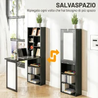 HOMCOM Scrivania Moderna Pieghevole con Libreria e Lavagna, in Legno e Metallo, 98x51x153 cm, Nero(m-4)