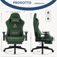 Sedia gaming con poggiapiedi, similpelle scamosciata traspirante, regolabile in altezza con pistone a gas, girevole, 70x70x135 cm, Verde(m-3)