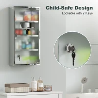 HOMCOM 4 Tier Stainless Steel Wall Mounted Medicine Cabinet Glass Lockable Door Storage Shelves Houseware Bathroom Furniture 60Hx30Wx12D(cm) w/2 Keys(m-5)