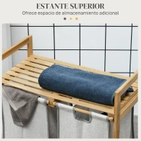 HOMCOM Cesto de la Ropa Sucia de Bambú con 2 Bolsas Extraíbles y Estante Carga 20kg 2x40,6L 64x33x73 cm Natural(m-5)