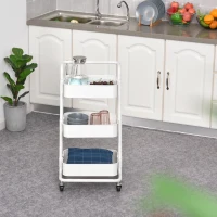 HOMCOM Carrito Auxiliar de 3 Niveles con Ruedas y 3 Baldas Malla Metálica para Cocina Oficina Baño Carro Multiuso de Almacenamiento con Pasamanos Carga de 45kg Blanco 43x36x83cm(m-2)