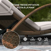 Outsunny Bain de soleil, chaise longue en résine tressée avec dossier réglable, roulettes, coussin et accoudoirs, marron et beige(m-7)