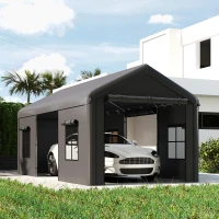 Outsunny 3 x 6 m Heavy Duty Carport, Portable Garage Car Canopy Tent with Galvanised Frame, Doors, Windows, Dark Grey(m-8)