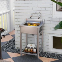 HOMCOM Outdoor Utility Sink, Stainless Steel Free Standing Single Bowl Kitchen Sink with Cold and Hot Water Pipe and Storage Shelf for Laundry Garage, 55 x 50 x 100 cm(m-2)