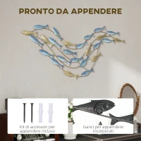 HOMCOM Wall Art Banco di Pesci in Metallo con Viti Incluse, 99.7x3.8x50.2 cm, Oro e Blu(m-5)