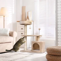 PawHut kattenboom 3 verdiepingen krabpaal kattengrot met sisal palen krabplank pluche beige(m-2)