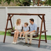 Outsunny Hollywoodschommel, 3-zits tuinschommel van hout, houten schommel met zitkussen en zijtafeltjes tot 330 kg Verkoold(m-8)