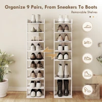 HOMCOM Shoe Rack 9-Tier Shoe Storage Organiser Top Tray Guardrail 2 Hooks 30 x 30 x 128.4 cm White(m-5)