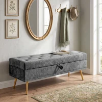 HOMCOM Storage Ottoman, Chenille Upholstered Ottoman Storage Box with Padded Seat, Metal Legs, 114 x 41 x 45 cm, Grey(m-9)