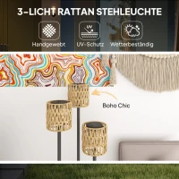 Outsunny Staande Solarlamp Rattan met Lichtsensor, 3-lamps in Boho-Stijl IP44 Ø37 x 144H cm(m-4)