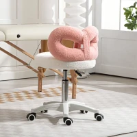 HOMCOM Sgabello Girevole ad Altezza Regolabile con Schienale ad Arco, in Tessuto Teddy, 50x50x63-77 cm, Bianco e Rosa(m-9)