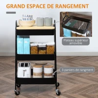 HOMCOM Desserte chariot de rangement en acier à roulettes avec 3 niveaux, plateau MDF, poignées dim. 45L x 31l x 79,4H cm noir(m-4)