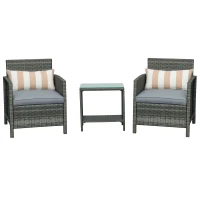Outsunny 3 Pieces Rattan Bistro Set, Wicker Garden Furniture Set, Glass Top 2-tier Coffee Table and Chairs Set with Pillows and Washable Cushions for Outdoor, Patio, Balcony, Grey(m-1)