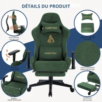 Fauteuil gaming avec repose-pieds, similicuir respirant, réglable en hauteur avec vérin à gaz, pivotant, 70x70x135 cm, Vert(m-4)
