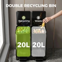 HOMCOM 40L Dual Compartment Stainless Steel Bin, with Deodoriser Holders - Black(m-4)