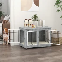 PawHut Dog Crate Furniture End Table, with Washable Cushion, Double Doors, for Medium/Large Dogs, Grey(m-10)