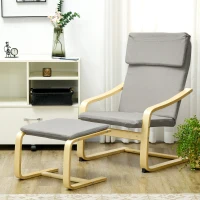 HOMCOM Loungestoel met Voetenbank, Bekleding in Linnenlook, Houten Frame, tot 120 kg, Lichtgrijs/Natuur(m-2)