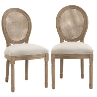 HOMCOM Lot de 2 chaises de Salle à Manger - Chaise de Salon médaillon Style Louis XVI - Bois Massif sculpté, patiné - Dossier cannage - Aspect Lin Crème(m-17)