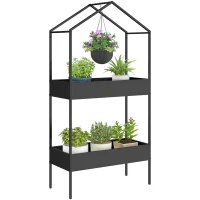Outsunny 2-laags plantenstandaard in huisvorm, 150 cm hoge plantenstandaard met haak, metaal, zwart(m-11)