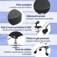 HOMCOM Scaun rotativ cu înălțime reglabilă și suport pentru picioare, din oțel, piele ecologică și spumă, 52x52x78-92 cm, negru(m-5)