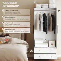 HOMCOM Kledingkast, 2 deuren, hanggedeelte, kledingstang, 2 lades, MDF, wit(m-4)