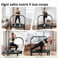 Rebounder-Trampolino per adulti, pieghevole, maniglione regolabile, pedane antiscivolo, 102x102x106 cm, Nero+Verde(m-6)