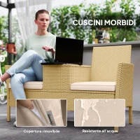 Outsunny Panca da Giardino con Tavolino a Ribalta Portaoggetti, in Rattan e Acciaio, 134x58x82 cm, Crema e Cachi(m-6)