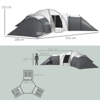 Outsunny Kampeertent voor 6-9 personen, 4 kamers, voortent, waterdicht, 615x 615x225cm, Grijs(m-3)
