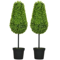 HOMCOM Set van 2 Kunstmatige Buxus 90cm Kunstplant in Traanvorm, Plastic Kunstplanten in Pot Moderne Decoratie(m-10)