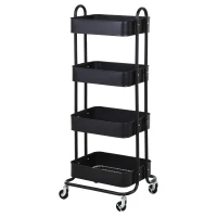 HOMCOM Metal 4-Tier Mobile Storage Serving Trolly Rolling Utility Cart Organiser Kitchen Mesh Bottom Black(m-9)