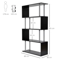 HOMCOM S Shape Bookcase, 5 Tiers Bookshelf, Modern Freestanding Storage Shelf for Home Office, Study, Living Room, 80 x 30 x 145cm Black(m-3)