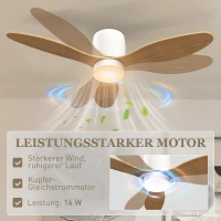 HOMCOM Plafondventilator met instelbare verlichting en afstandsbediening 115 cm, 3 kleuren, 3 bladen, 6 snelheden, timer, Naturel(m-6)