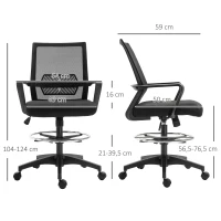 Vinsetto Bureaustoel, In Hoogte Verstelbare Bureau Stoel met Voetsteun, Mesh Rugleuning, Rolbaar, Kunststof, Zwart(m-3)