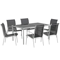 Outsunny Set da Giardino con Tavolo in Vetro e 6 Sedie Impilabili in Acciaio e Textilene, Nero(m-1)
