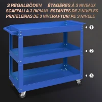DURHAND Cărucior pentru Scule cu 3 Niveluri din Oțel cu Margini Înalte și 4 Roți Pivotante, 83 x 35.3 x 76 cm, Albastru(m-4)