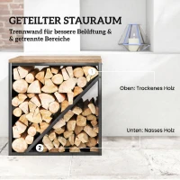 Outsunny 2-in-1 haardhoutrek voor binnen 58 x 36 x 60 cm verhoogd brandhoutrek met scheider metaal zwart(m-6)