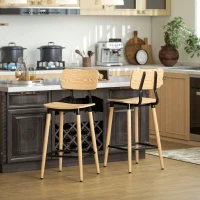HOMCOM Set van 2 Barstoelen met Rugleuning, Voor Huisbar, Keukeneiland, Eetkamer, Hout, Metaal, Lichtbruin(m-7)