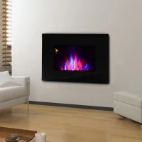 HOMCOM Chimenea Eléctrica de Pared Calefactor Estufa Eléctrica 1000/2000W Temporizador Termostato Auto-Control Llama LED 7 Color Mando a Distancia 90x9,5x56 cm(m-2)